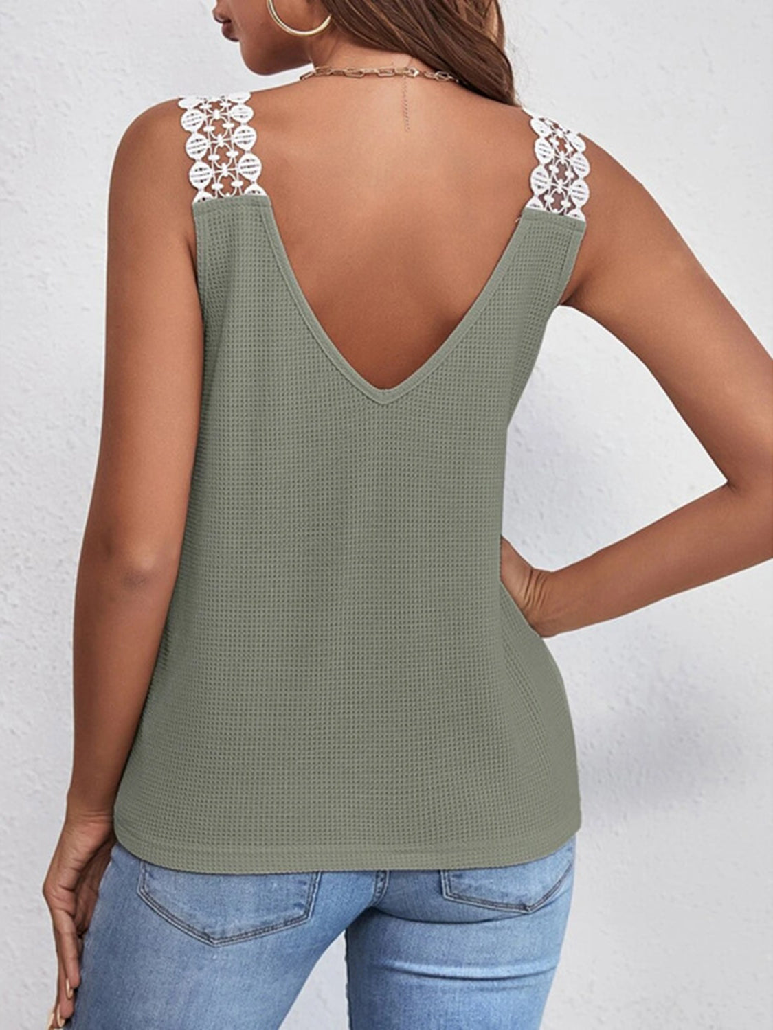 Lace Detail Waffle-Knit V-Neck Tank - Charming Charlie