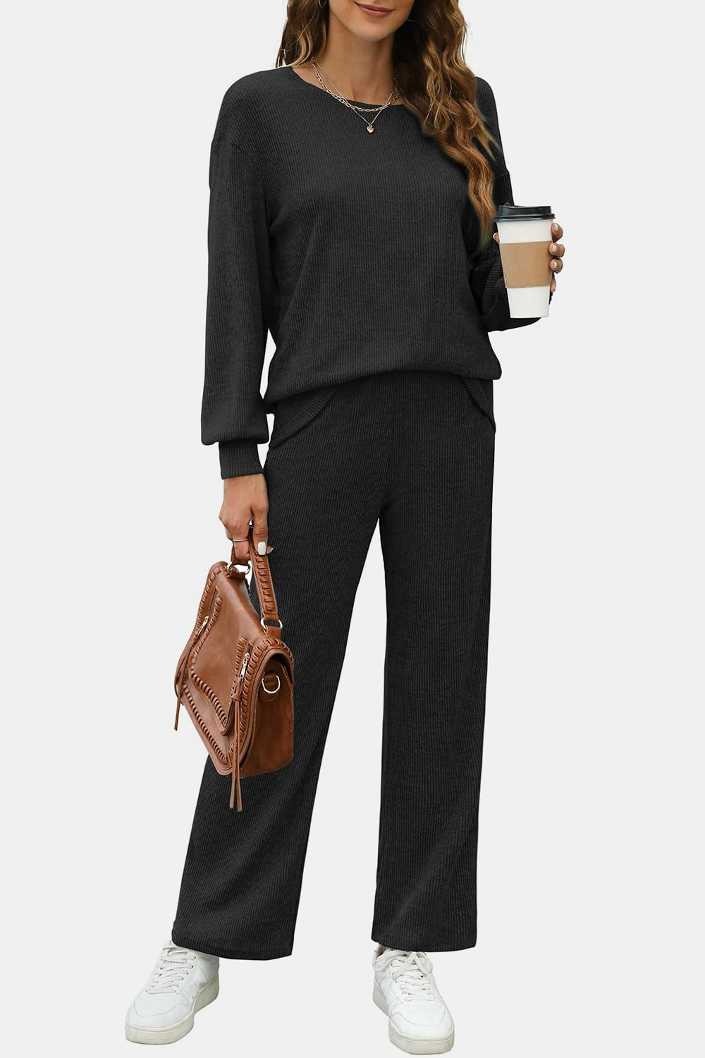 Round Neck Long Sleeve Top and Pants Set - Charming Charlie