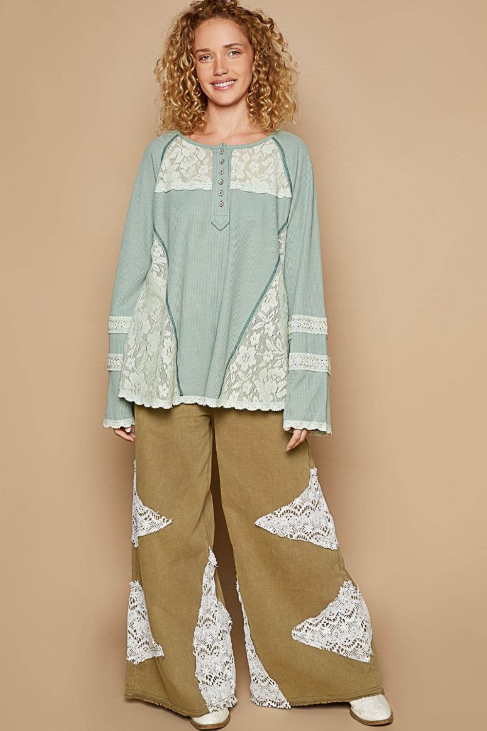 POL Round Neck Long Sleeve Lace Trim Thermal Top - Charming Charlie