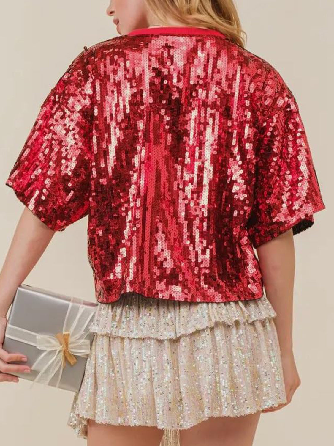 Sequin Bow Graphic Round Neck Half Sleeve T-Shirt - Charming Charlie