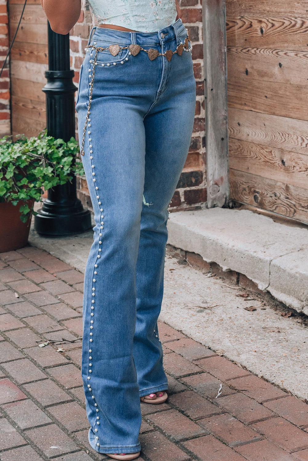 Pearl Trim High Waist Bootcut Jeans - Charming Charlie