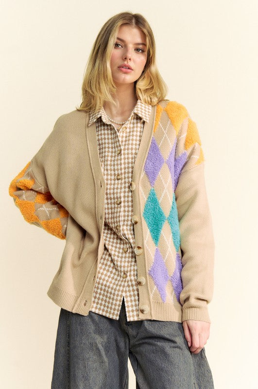 Davi & Dani Argyle V-Neck Dropped Shoulder Cardigan - Charming Charlie