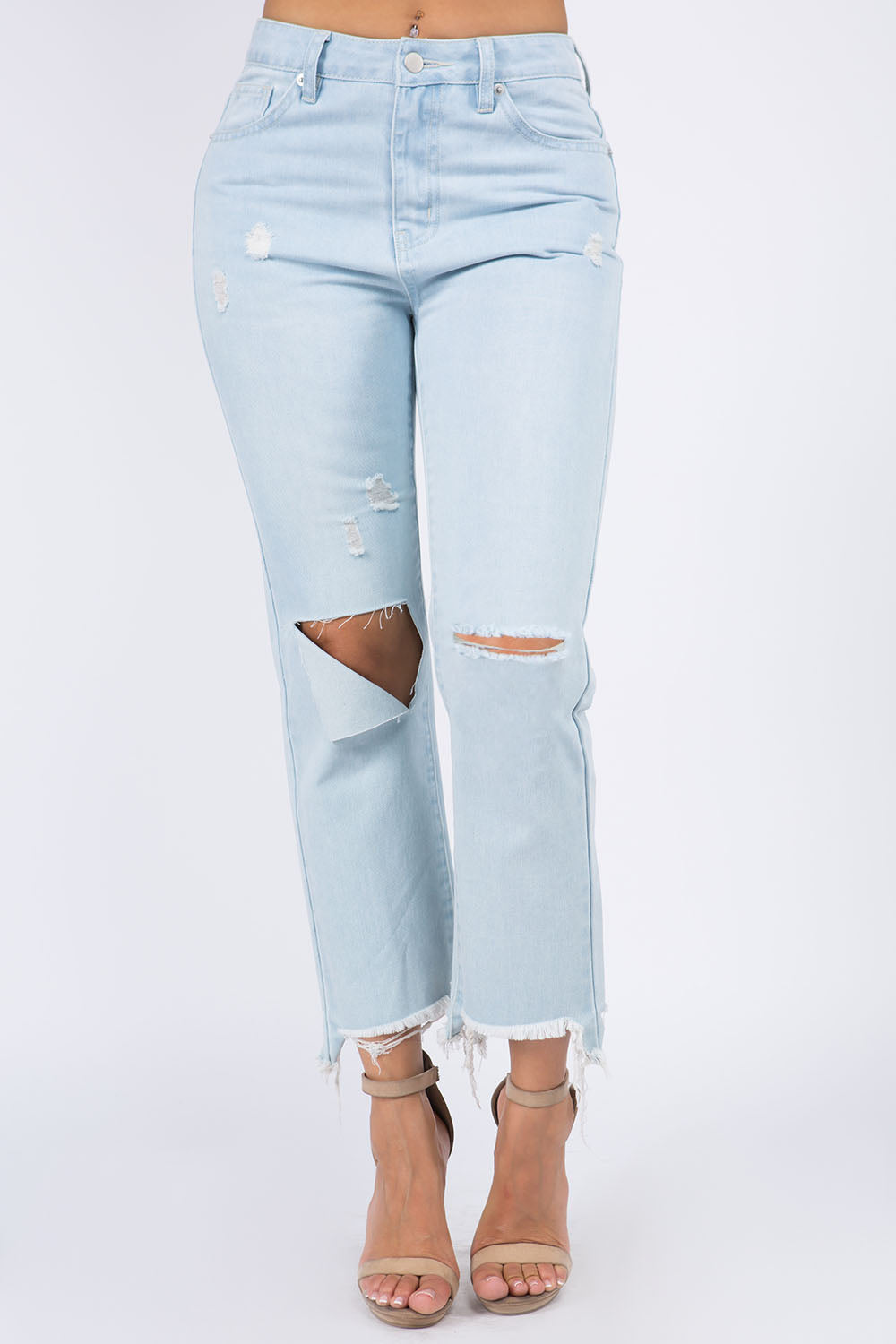 American Bazi High Waist Distressed Raw Hem Jeans - Charming Charlie