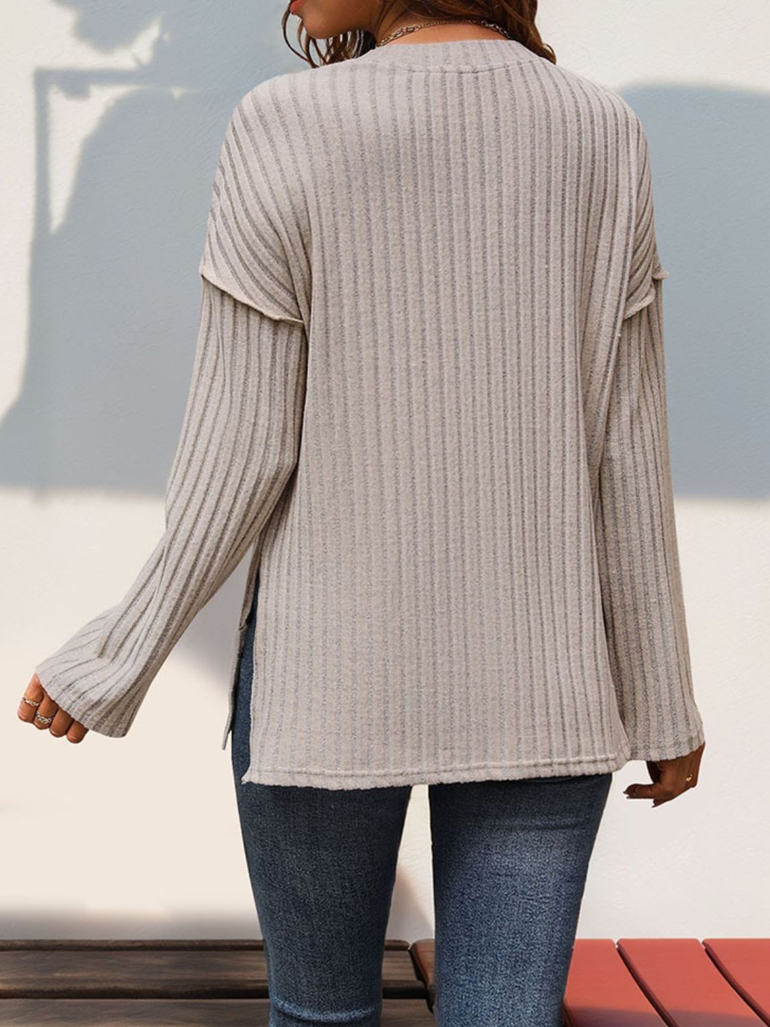 Slit Half Button Long Sleeve T-Shirt - Charming Charlie