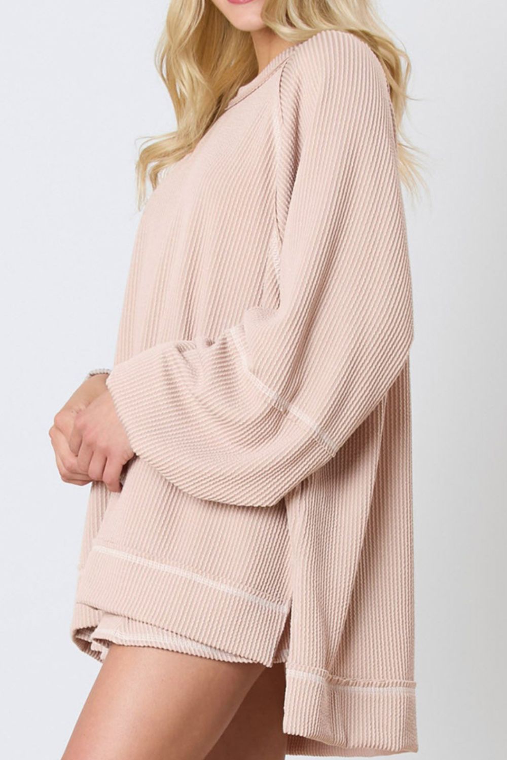 Texture Round Neck Long Sleeve Top and Skirt Set - Charming Charlie
