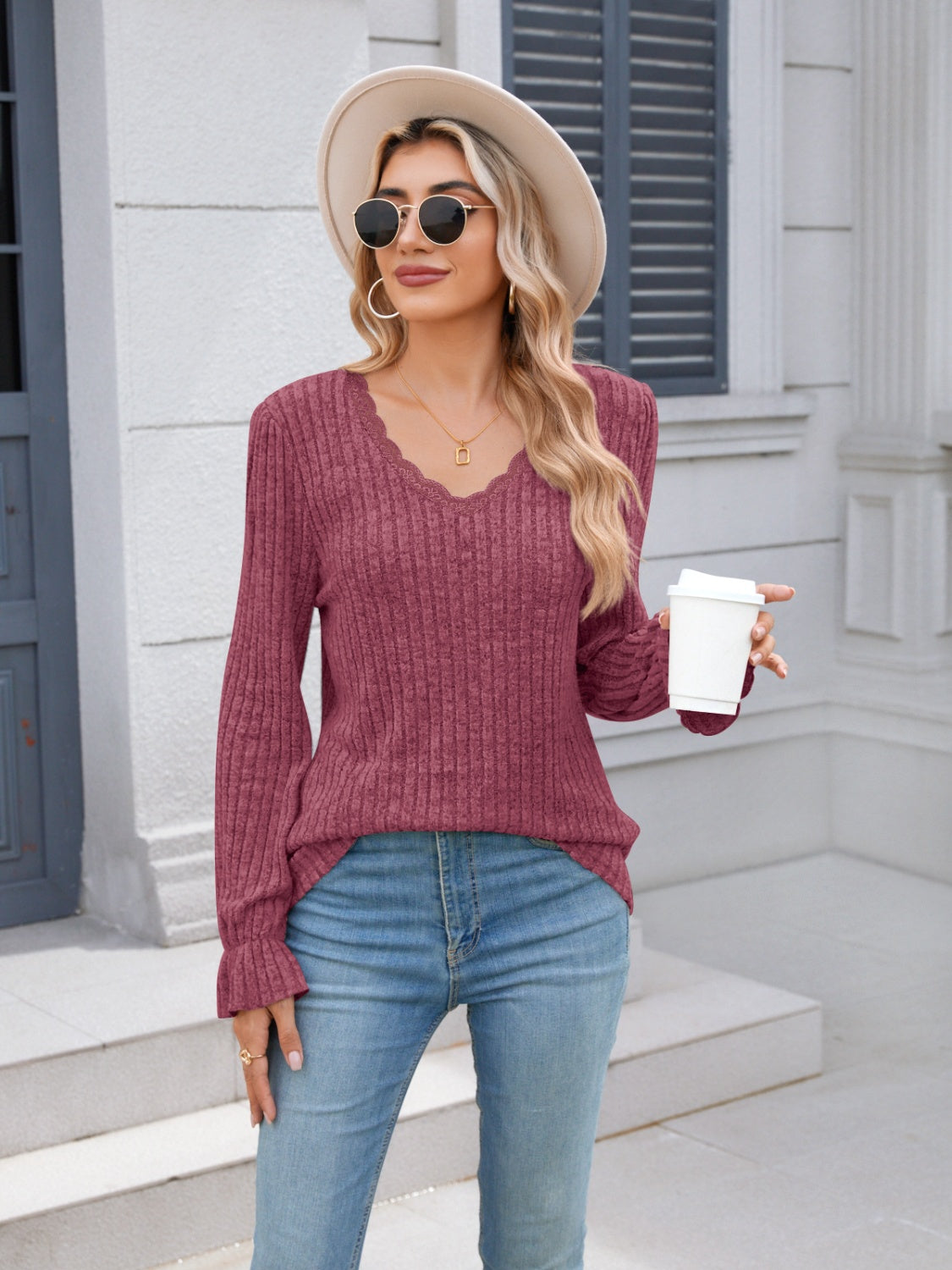 Lace Detail V-Neck Long Sleeve T-Shirt - Charming Charlie