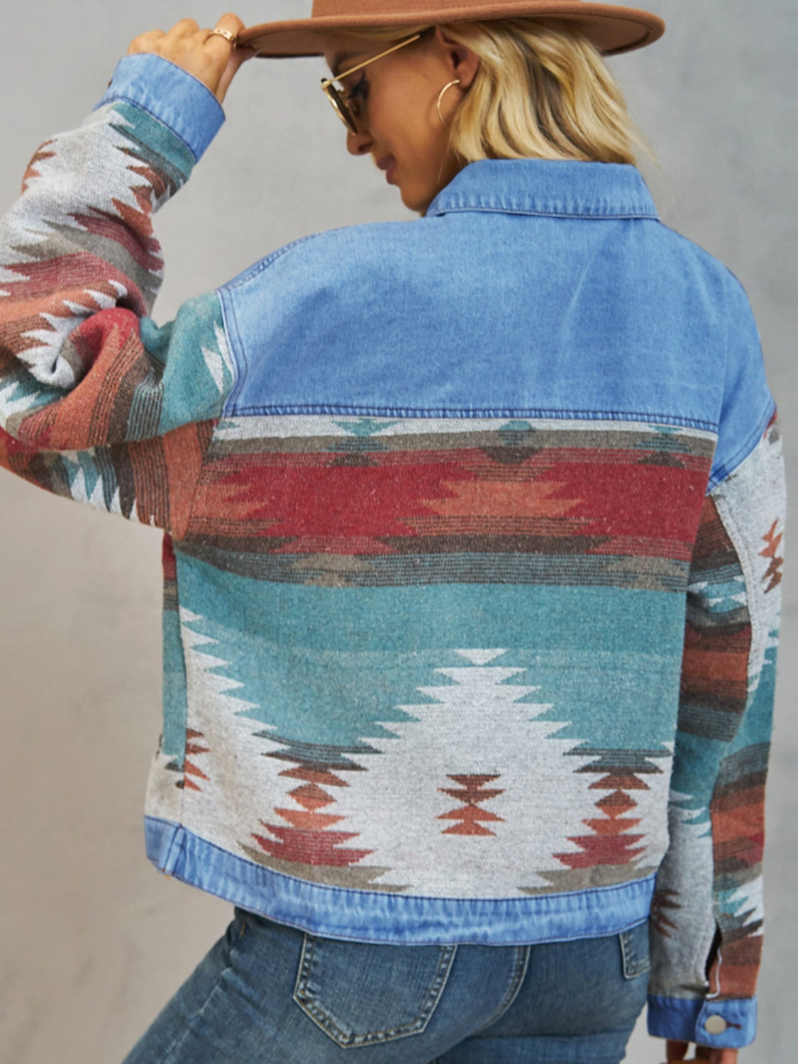 Geometric Button Up Dropped Shoulder Denim Jacket - Charming Charlie