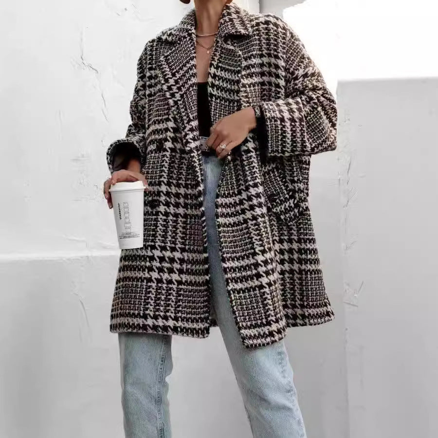 Houndstooth Collared Neck Long Sleeve Coat with Pockets - Charming Charlie