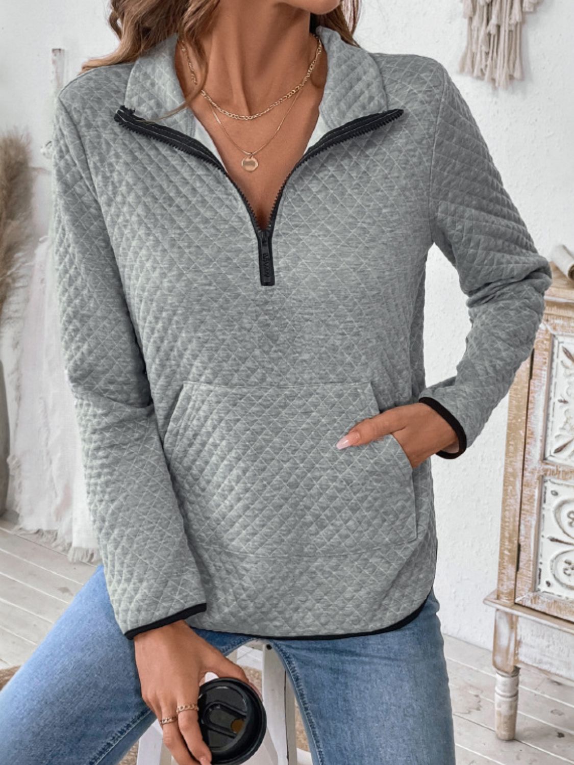 Perfee Texture Half Zip Long Sleeve Sweatshirt - Charming Charlie