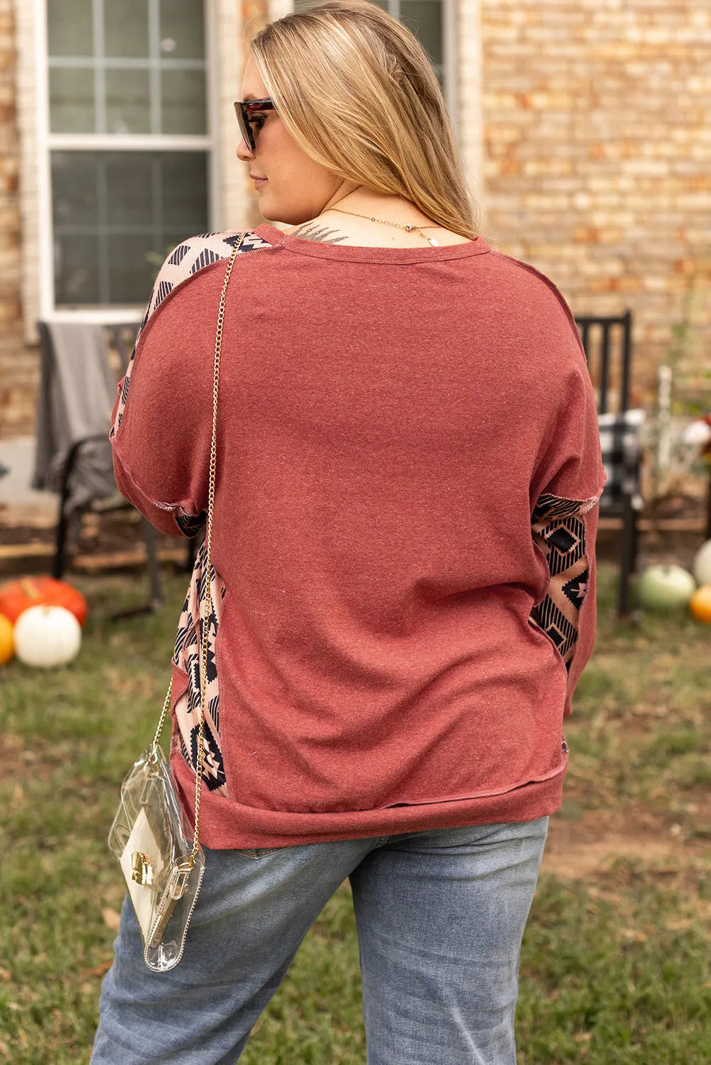 Plus Size Geometric Round Neck Long Sleeve Sweatshirt - Charming Charlie