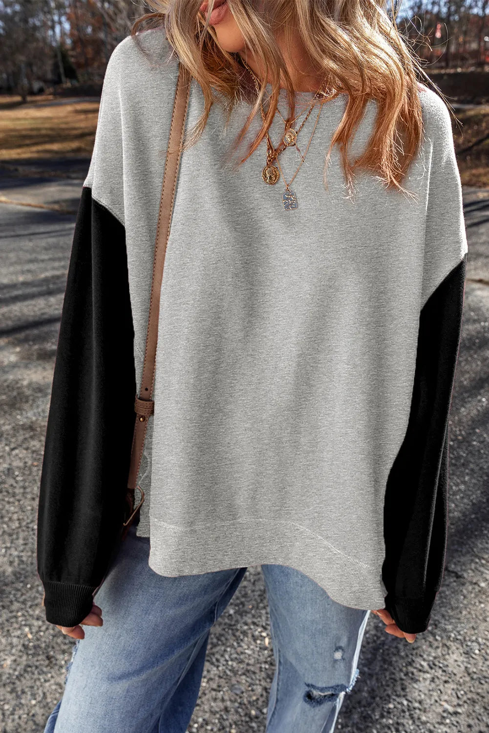 Contrast Round Neck Long Sleeve Sweatshirt - Charming Charlie