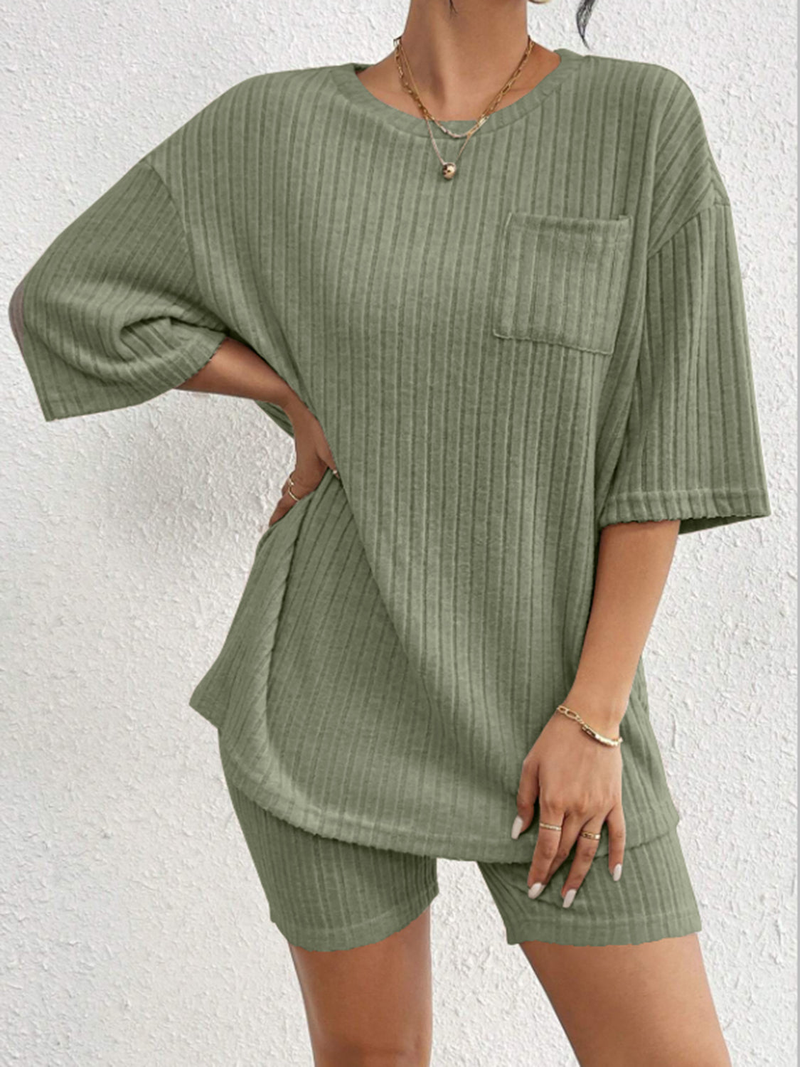 Ribbed Round Neck Top and Shorts Set - Charming Charlie