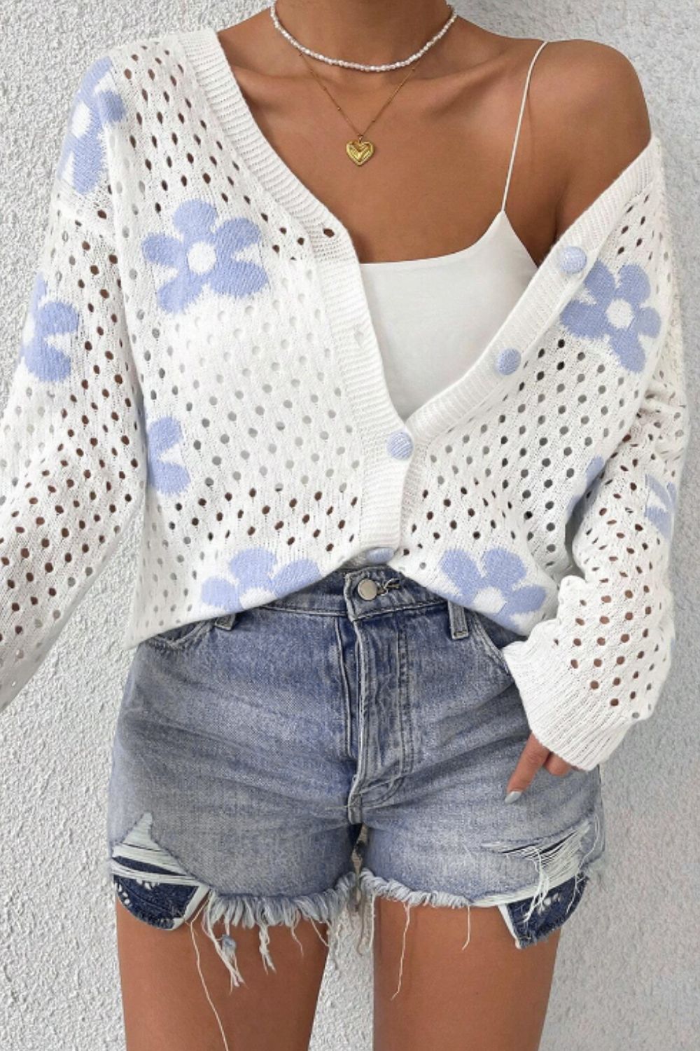 Flower Hollowed Out Button Down Long Sleeve Cardigan - Charming Charlie