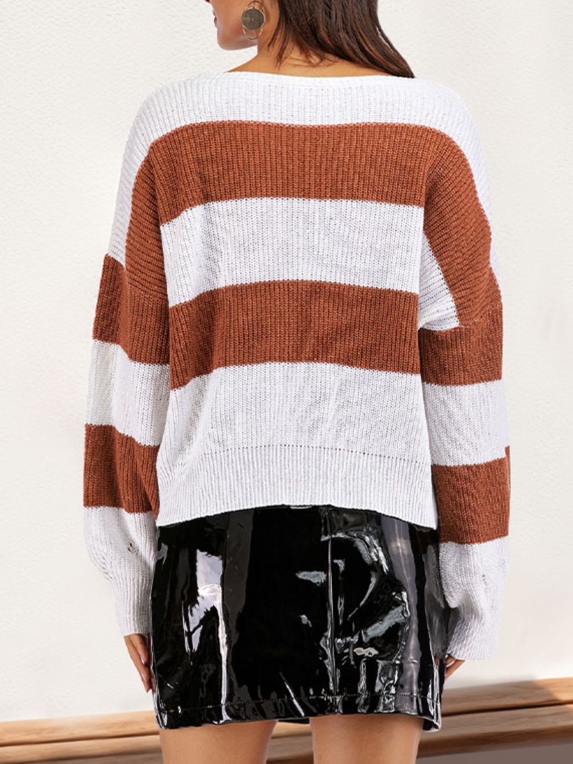 Perfee Color Block Dropped Shoulder Long Sleeve Sweater - Charming Charlie