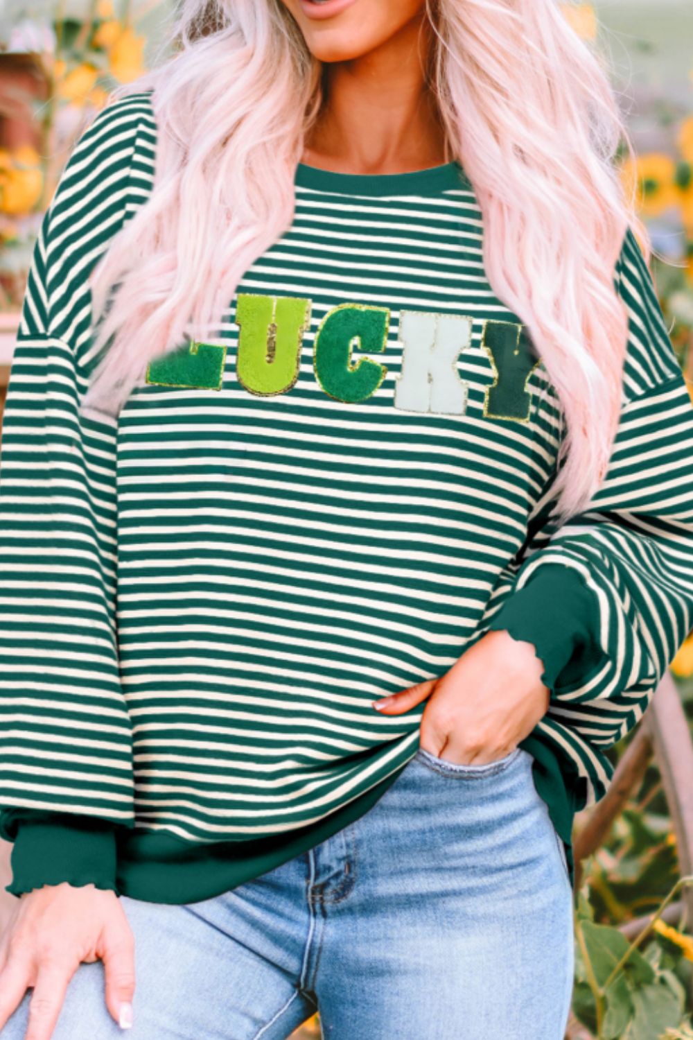 LUCKY Striped Round Neck Long Sleeve Sweatshirt - Charming Charlie