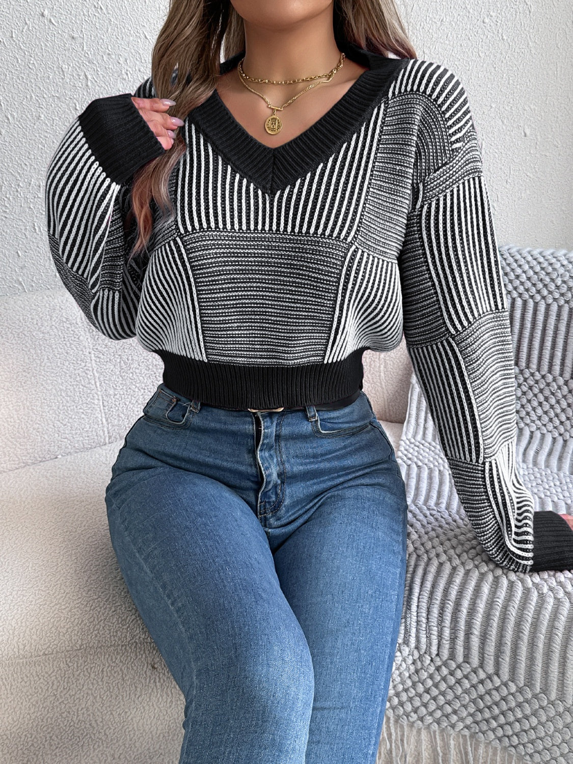 Striped V-Neck Long Sleeve Sweater - Charming Charlie