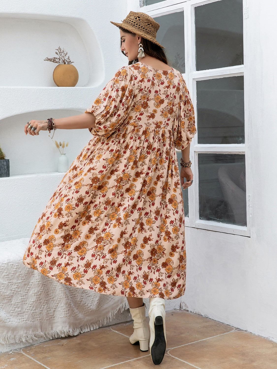 Plus Size Printed Tie Neck Half Sleeve Midi Dress - Charming Charlie