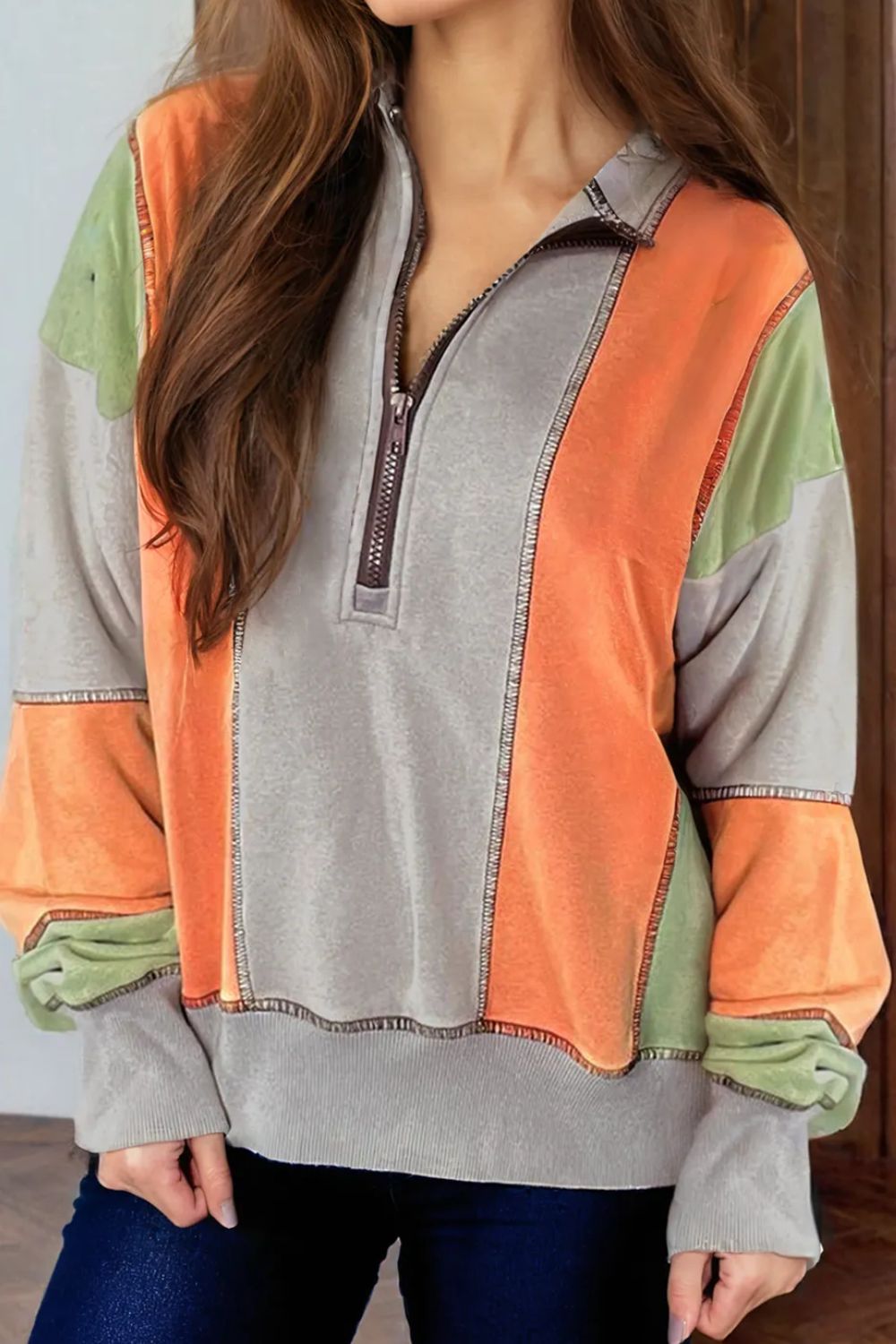 Full Size Exposed Seam Color Block Long Sleeve Sweatshirt - Charming Charlie