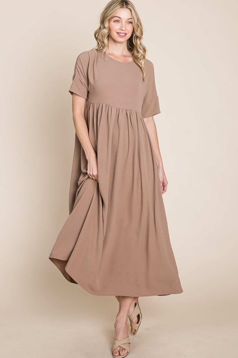 BOMBOM Round Neck Ruched Midi Dress - Charming Charlie