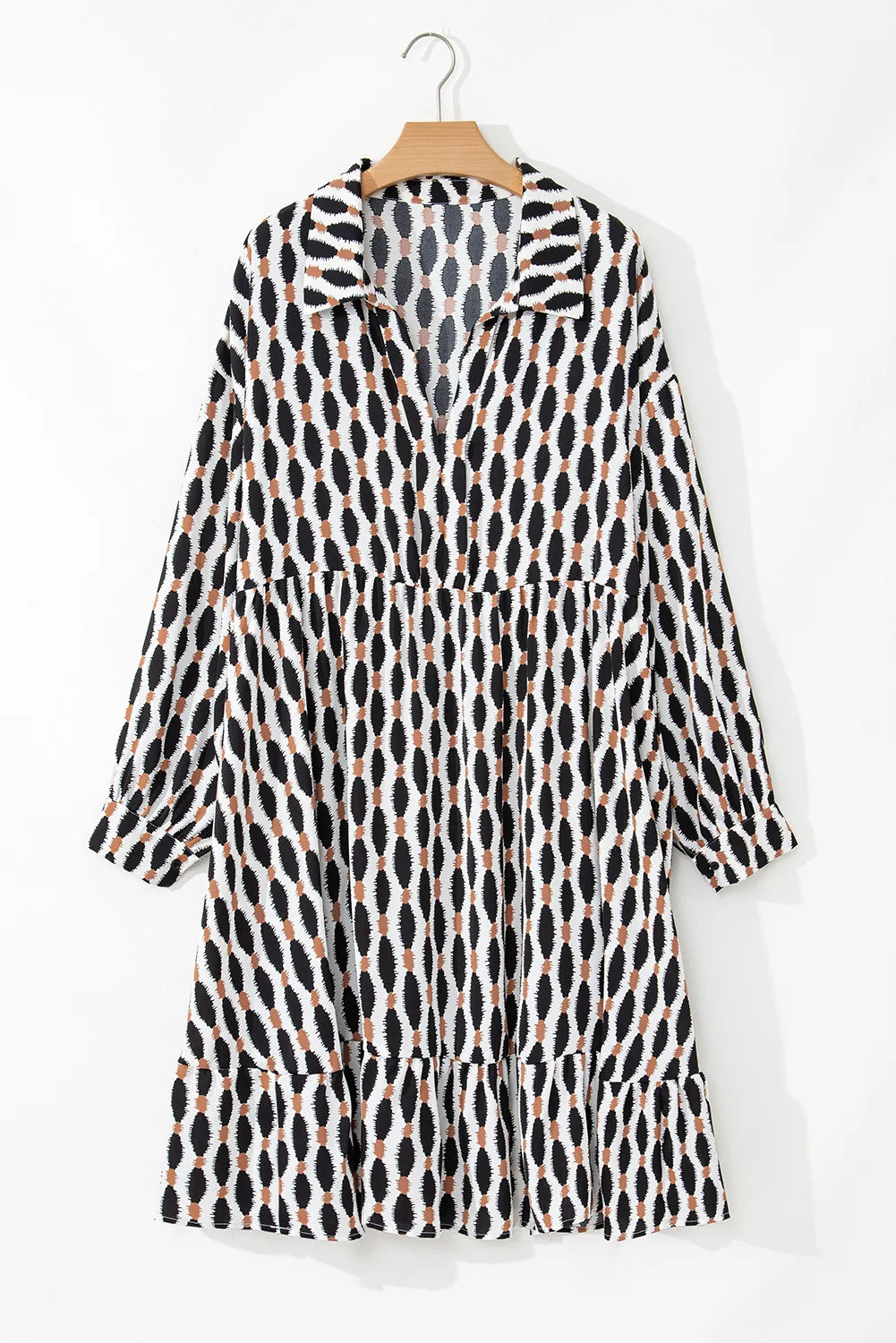 Plus Size Printed Johnny Collar Long Sleeve Dress - Charming Charlie