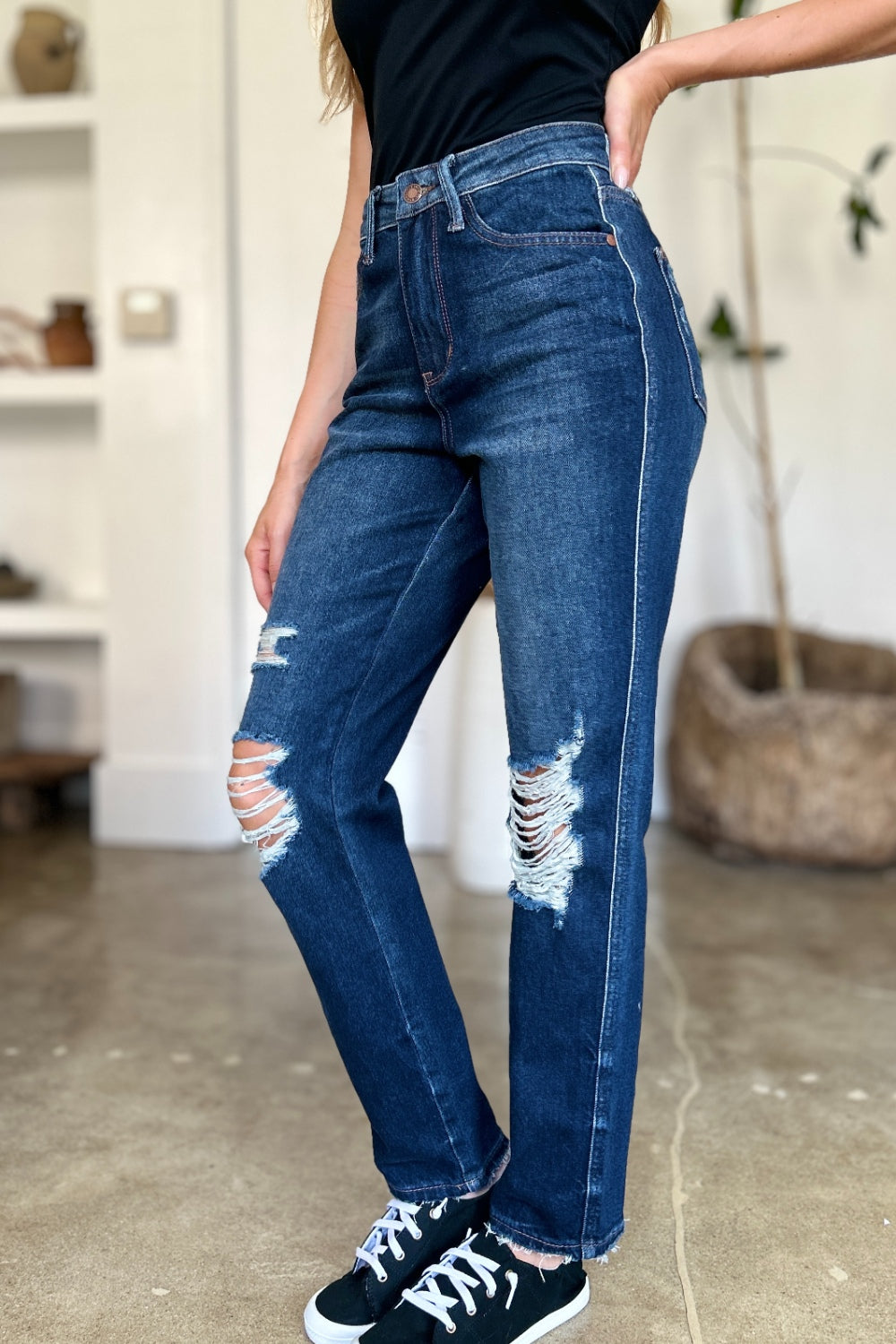 Judy Blue Full Size High Waist Rigid Magic Heavy Destroy Straight Jeans - Charming Charlie