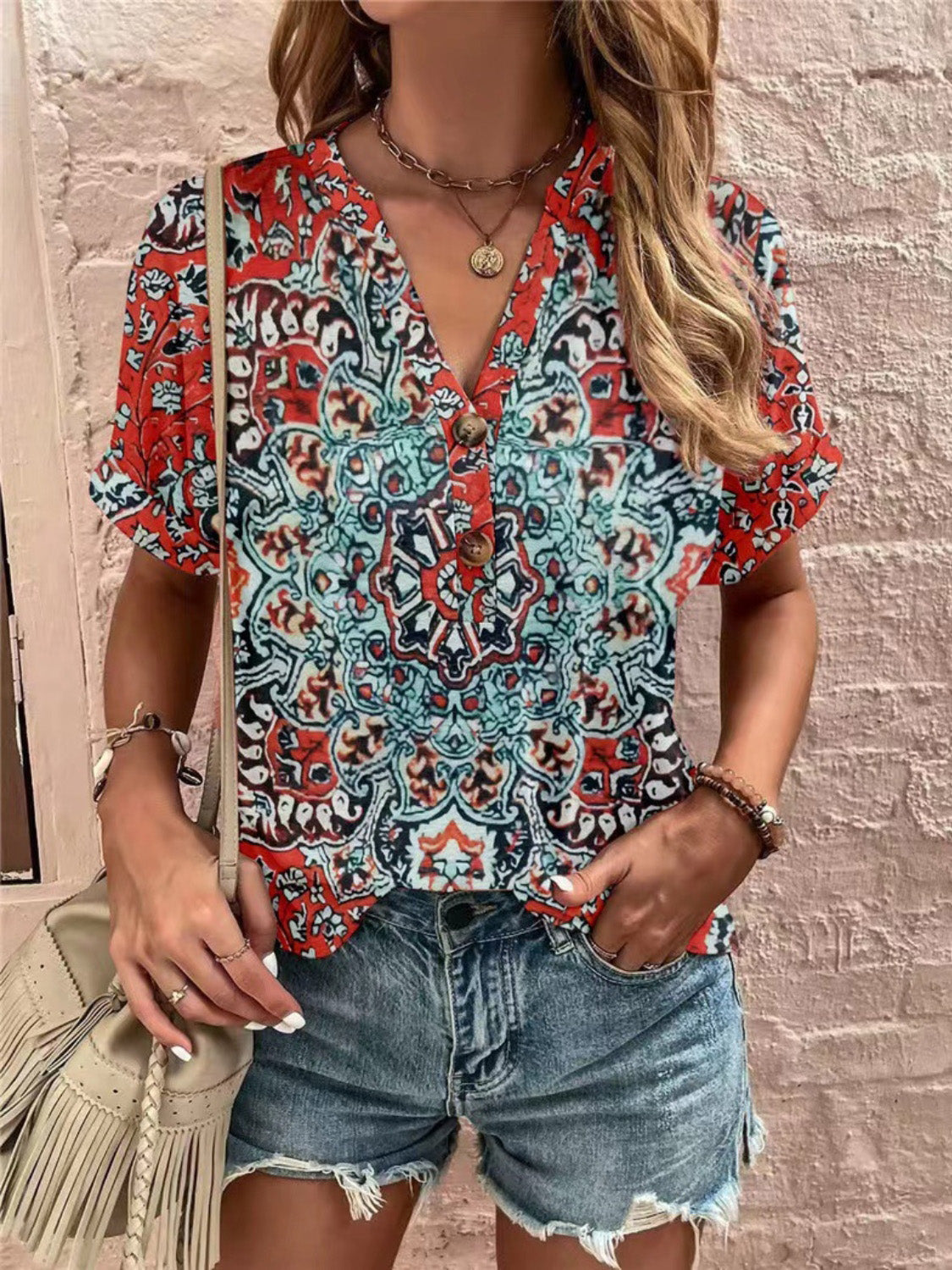 Full Size Printed Notched Short Sleeve Blouse - Charming Charlie