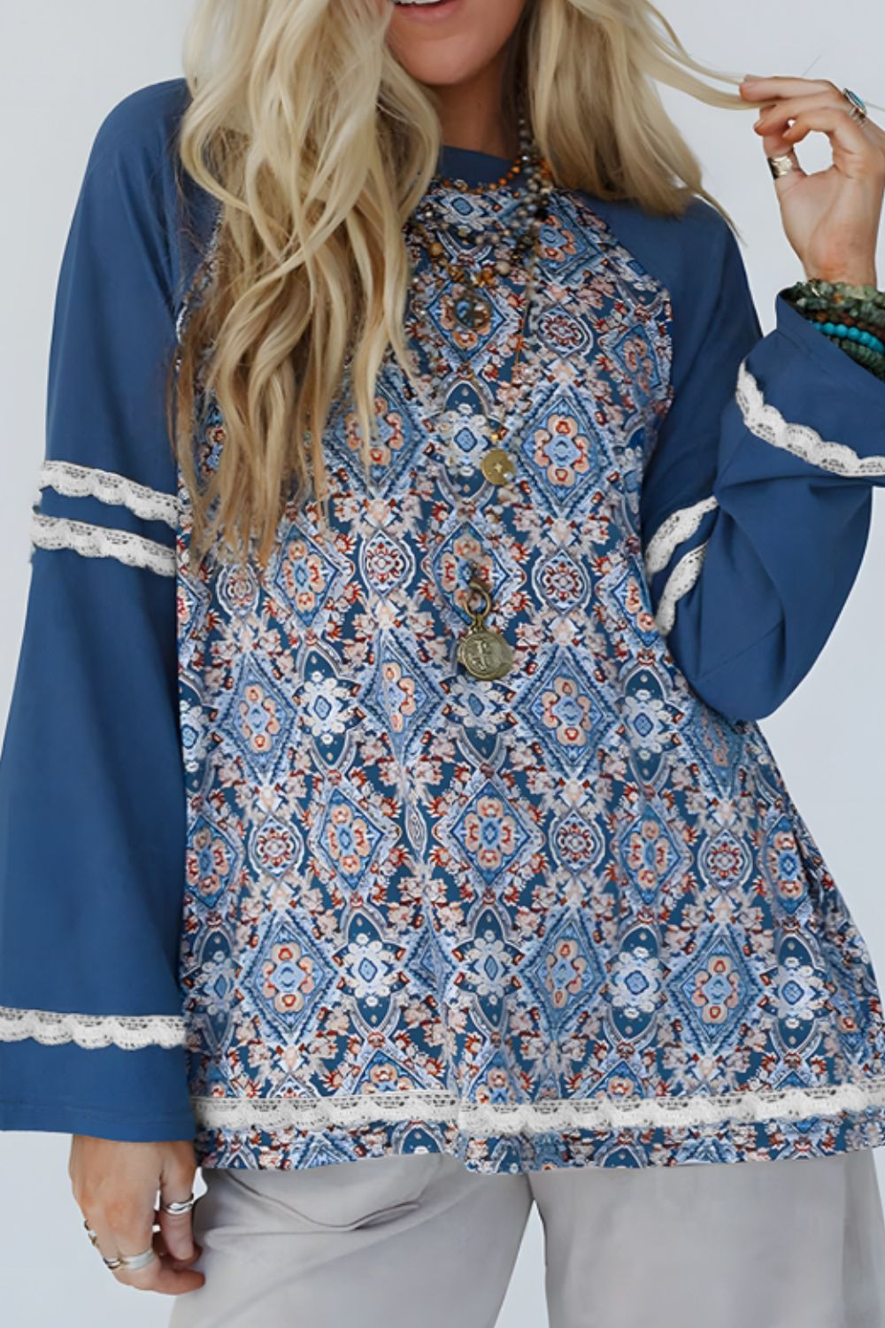 Lace Detail Geometric Round Neck Long Sleeve Top - Charming Charlie