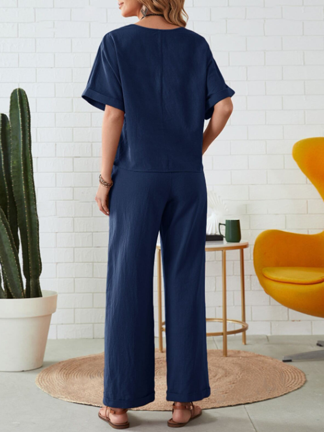 Round Neck Half Sleeve Top and Pocketed Pants Set - Charming Charlie