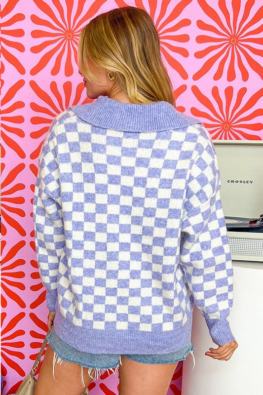 Checkered Collared Buttons Plus Size Sweater - Charming Charlie