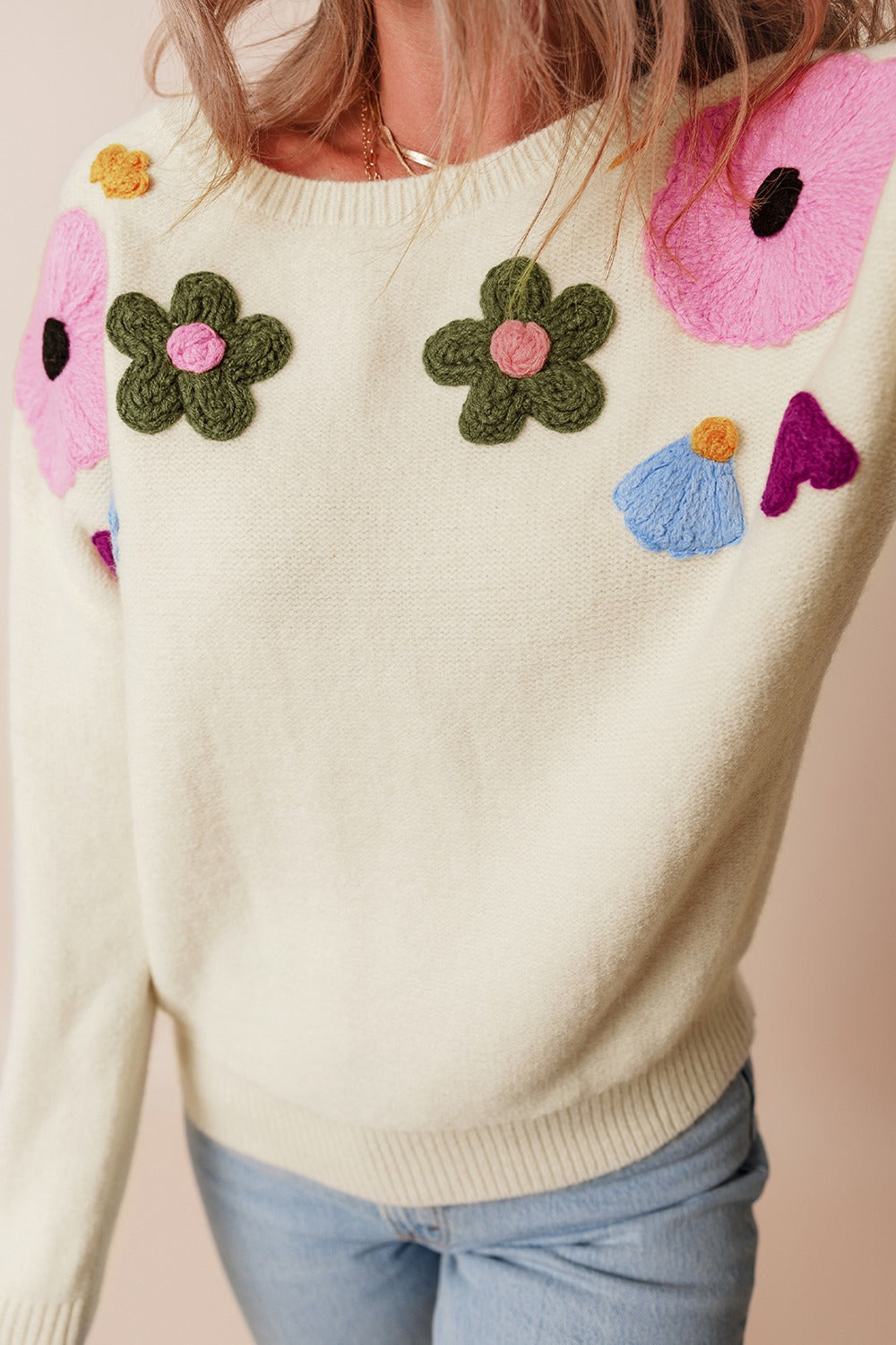 Crochet Flower Round Neck Dropped Shoulder Sweater - Charming Charlie