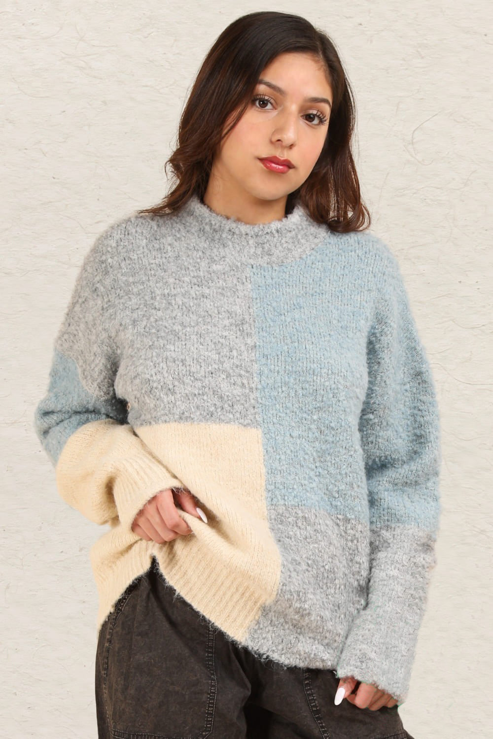 VERY J Color Block Mock Neck Drop Shoulder Sweater - Charming Charlie