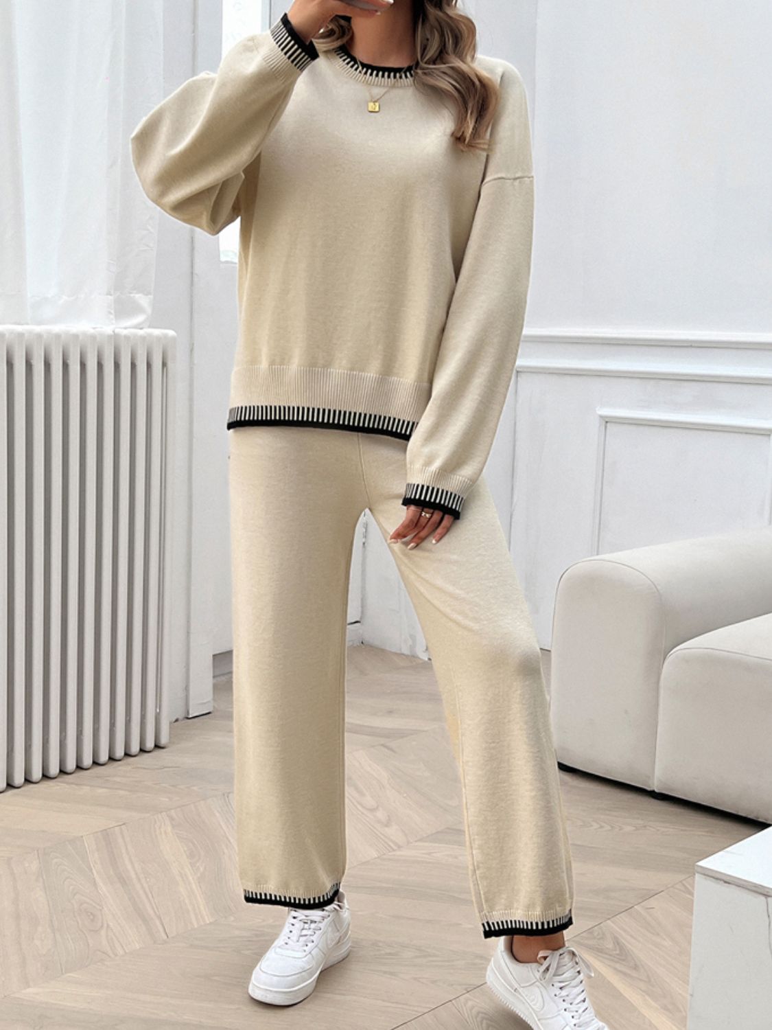 Round Neck Dropped Shoulder Top and Pants Sweater Set - Charming Charlie