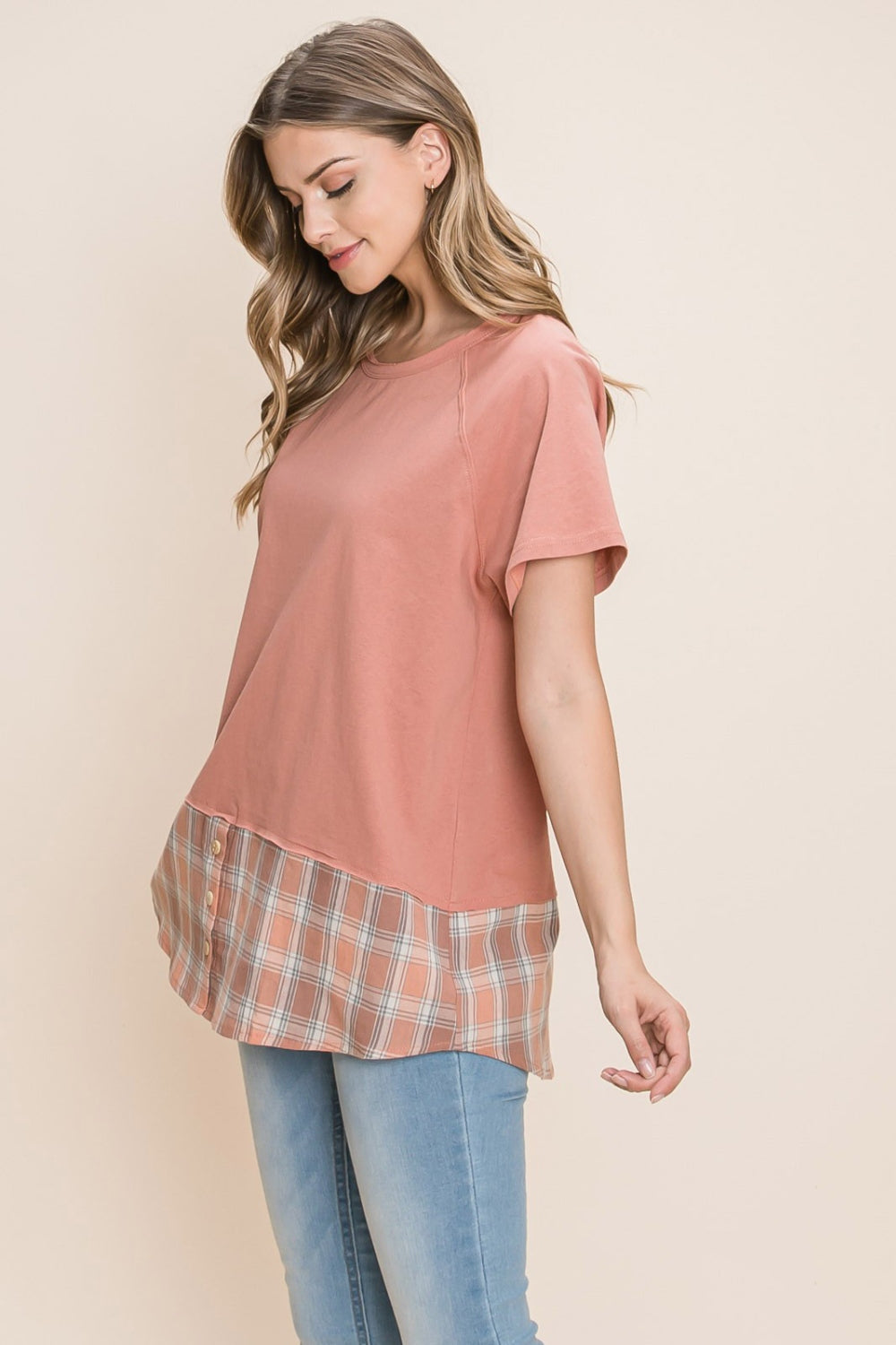 Cotton Bleu by Nu Lab Plaid Contrast Short Sleeve T-Shirt - Charming Charlie