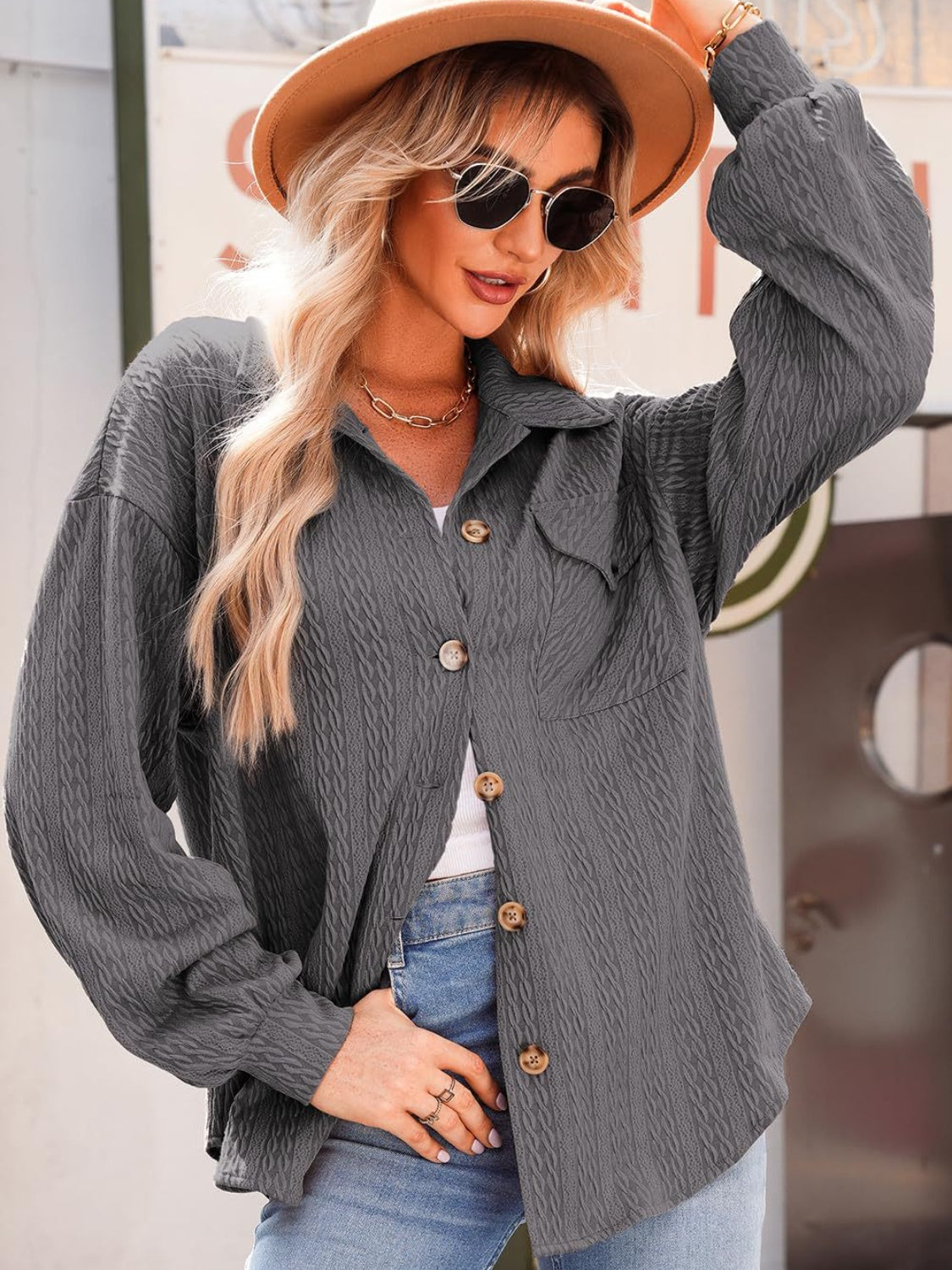 Textured Button Up Long Sleeve Shacket - Charming Charlie