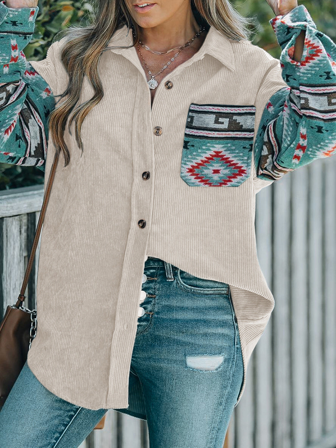 Perfee Pocketed Geometric Collared Neck Shacket - Charming Charlie