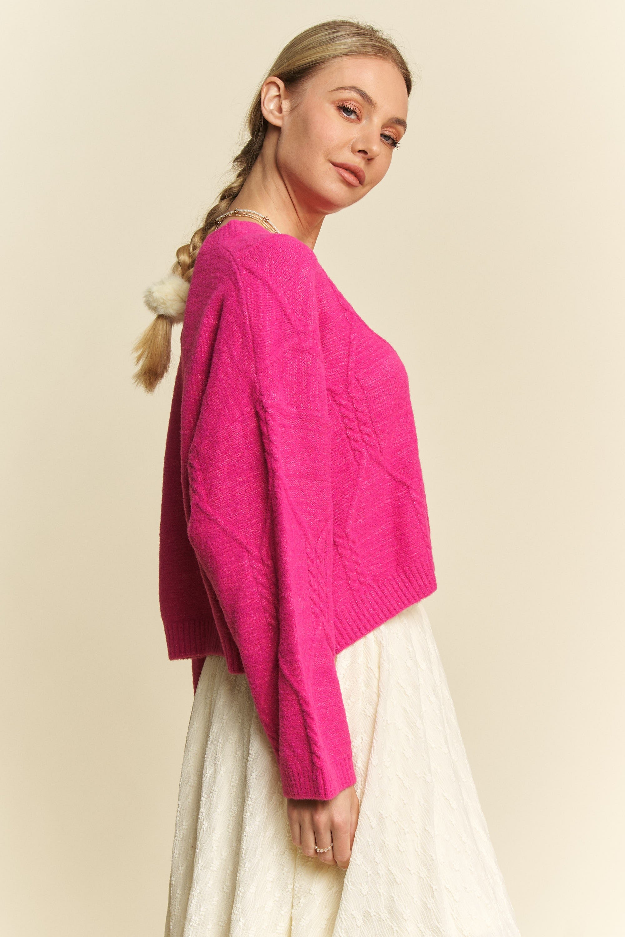 Davi & Dani Diamond Cable Pattern Drop Shoulder Sweater - Charming Charlie