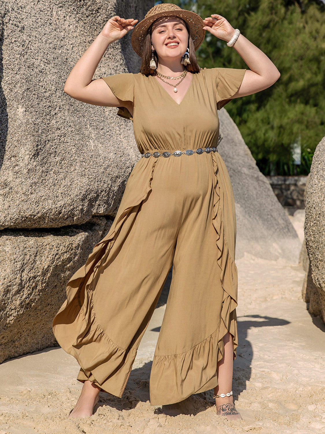 Plus Size Slit Ruffled V-Neck Jumpsuit - Charming Charlie