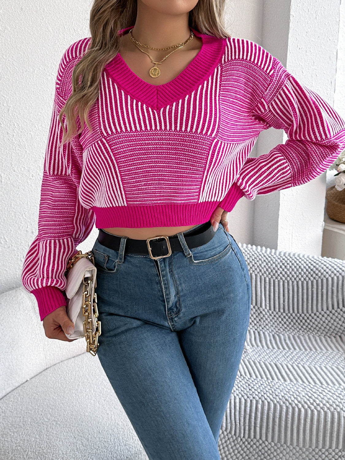 Striped V-Neck Long Sleeve Sweater - Charming Charlie