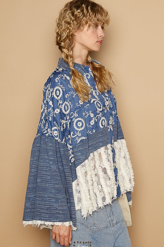 POL Lace Hem Embroidered Long Sleeve Shirt - Charming Charlie