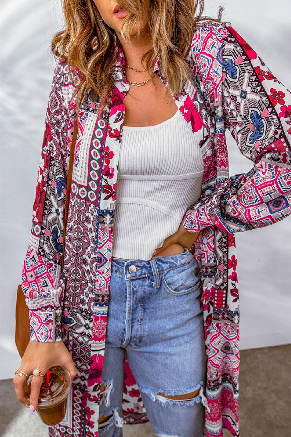 Printed Button Up Long Sleeve Cardigan - Charming Charlie