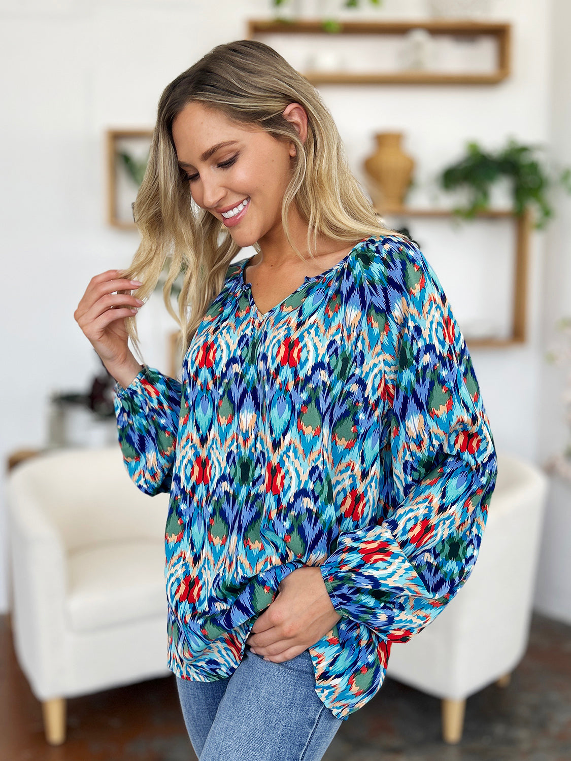 Double Take Full Size Printed Balloon Sleeve Blouse - Charming Charlie