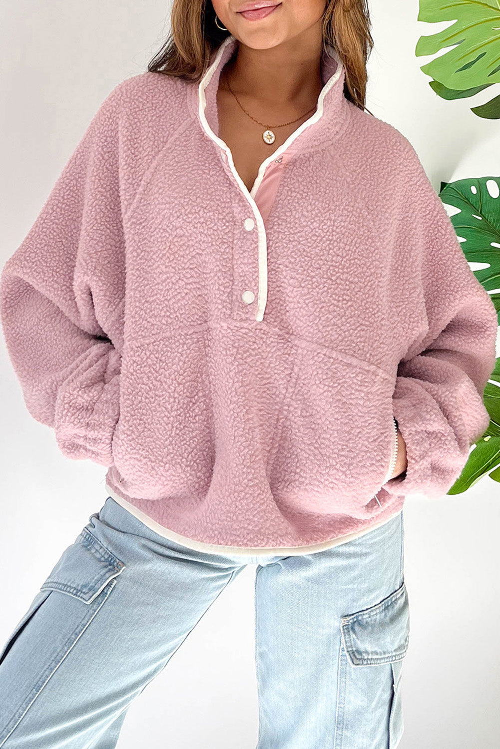 Half Snap Long Sleeve Sweatshirt with Side Slit Pockets - Charming Charlie
