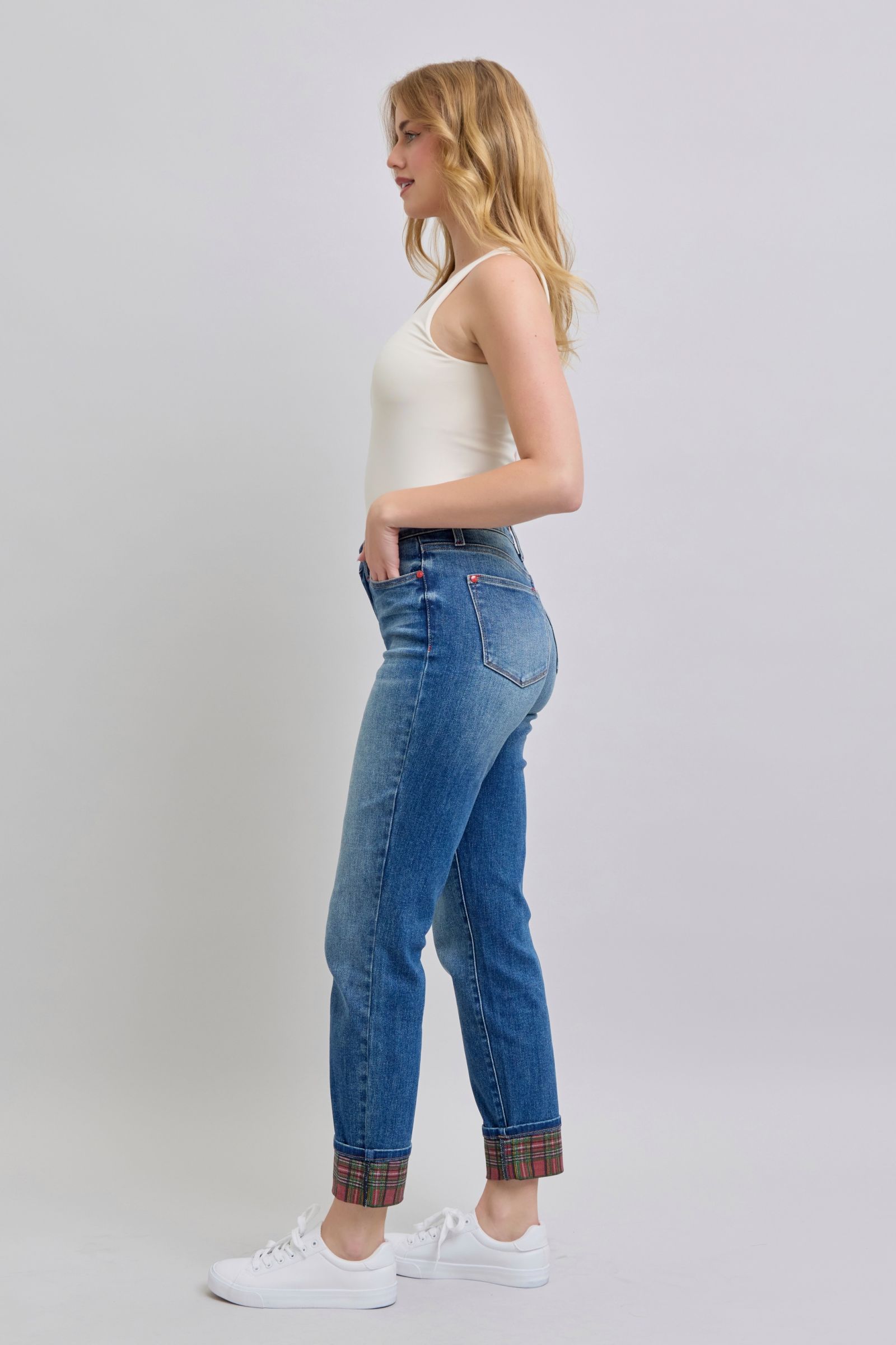 Judy Blue Full Size Plaid Print Cuff Straight Leg Jeans with Pockets - Charming Charlie