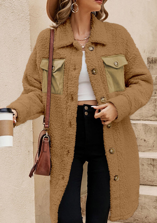 Collared Neck Long Sleeve Longline Teddy Jacket - Charming Charlie