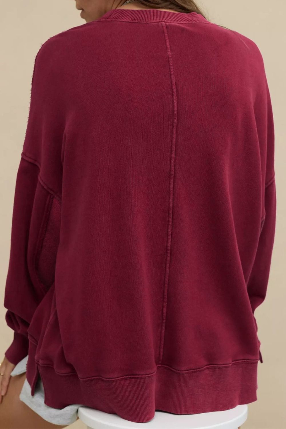 Side Slit Round Neck Long Sleeve Sweatshirt - Charming Charlie