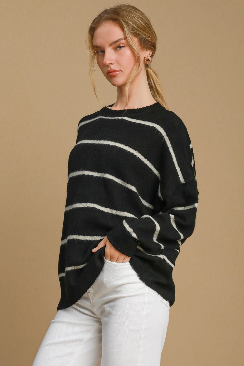 Umgee Wool Blend Striped Round Neck Sweater - Charming Charlie