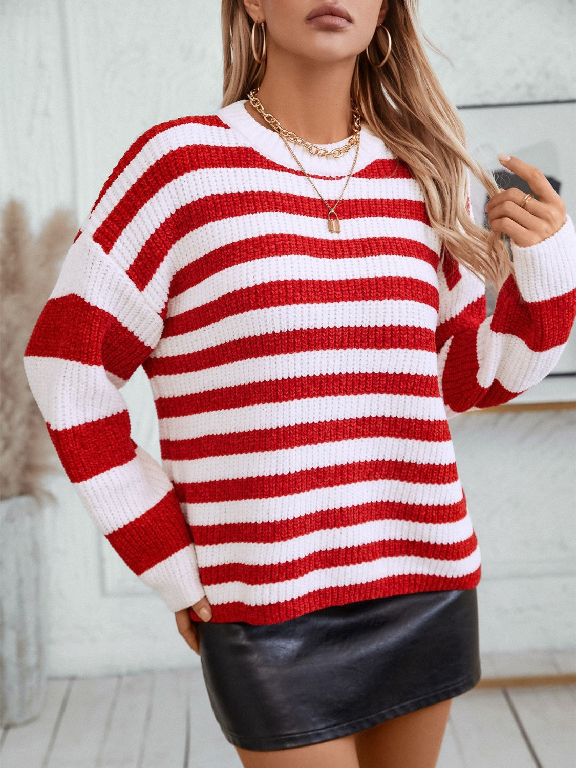 Striped Round Neck Long Sleeve Sweater - Charming Charlie
