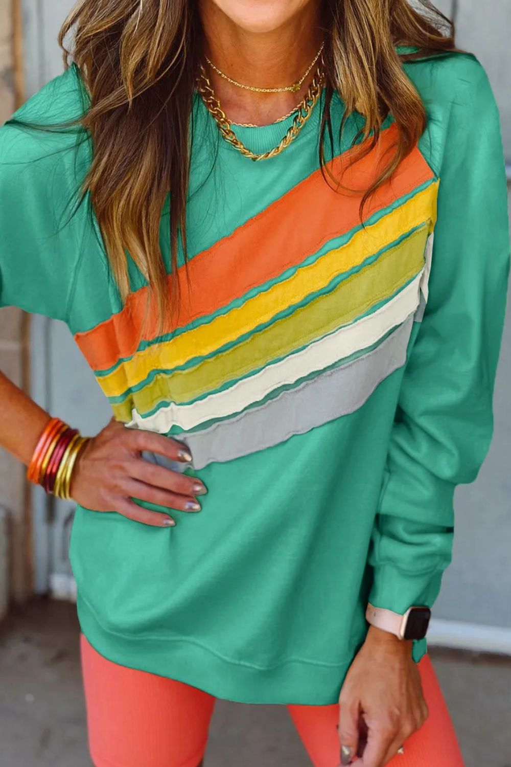 Contrast Round Neck Long Sleeve Sweatshirt - Charming Charlie