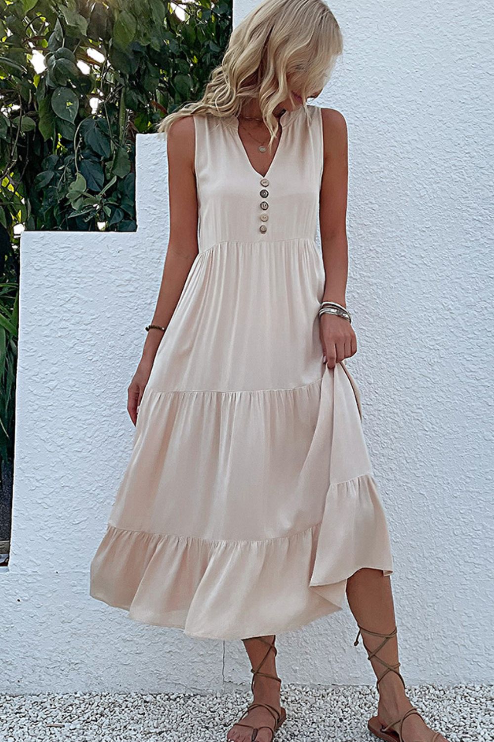 Decorative Button Sleeveless Tiered Dress - Charming Charlie