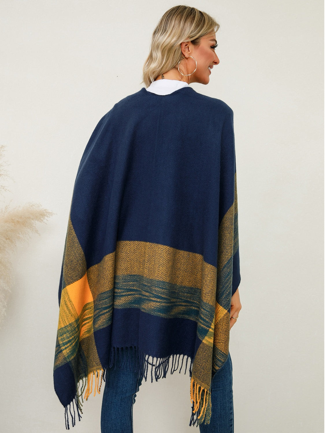 Fringe Contrast Plaid Poncho - Charming Charlie